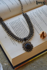 German Silver Antique Polish Floral Black Stud Embossed Necklace