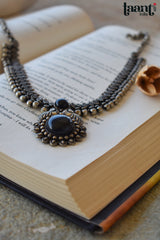 German Silver Antique Polish Floral Black Stud Embossed Necklace