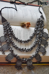 Black Polish German Silver Three Layer Necklace with Ghungroo and Coins