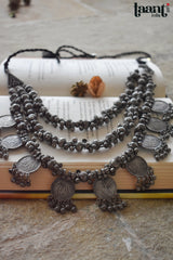 Black Polish German Silver Three Layer Necklace with Ghungroo and Coins