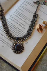 German Silver Antique Polish Floral Black Stud Embossed Necklace