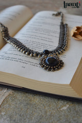 German Silver Antique Polish Floral Black Stud Embossed Necklace