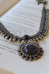 German Silver Antique Polish Floral Black Stud Embossed Necklace