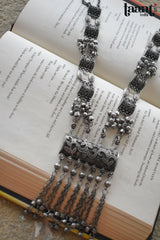 Antique Finish German Silver Floral Embossed Necklace with Jhumkas