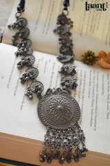 Black Polish German Silver Mandala Design Embossed Long Necklace