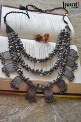 Black Polish German Silver Three Layer Necklace with Ghungroo and Coins