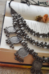 German Silver Antique Polish Floral Black Stud Embossed Necklace