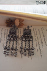 Black Polish German Silver Floral Embossed Long Earring