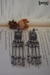 Black Polish German Silver Floral Embossed Long Earring