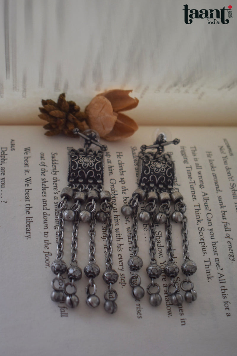 Black Polish German Silver Floral Embossed Long Earring