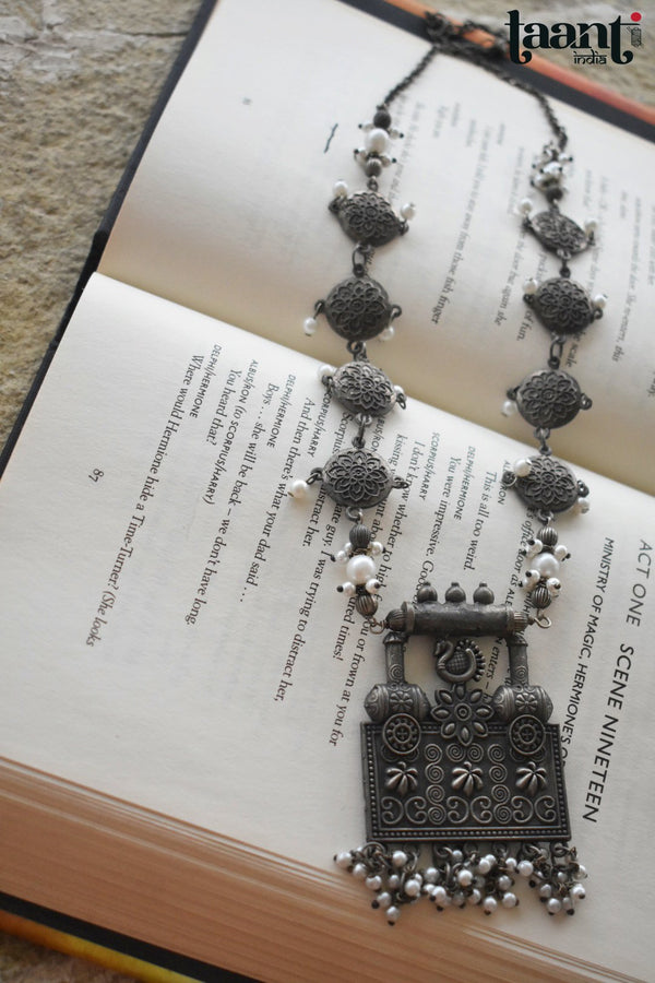 Antique Finish German Silver Floral Embossed Necklace with Jhumkas