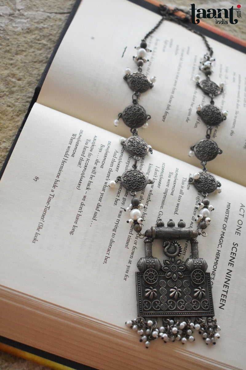 Antique Finish German Silver Floral Embossed Necklace with Jhumkas