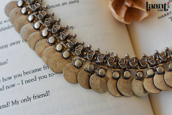 Black Polish German Silver Three Layer  Necklace with Ghungroo and Coins