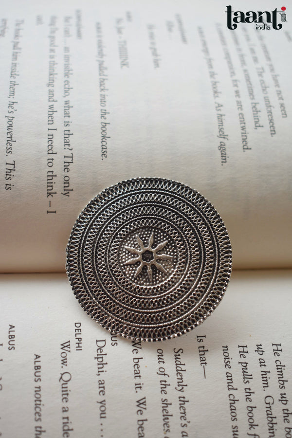 Black Polish German Silver Geometric Design Embossed Ring