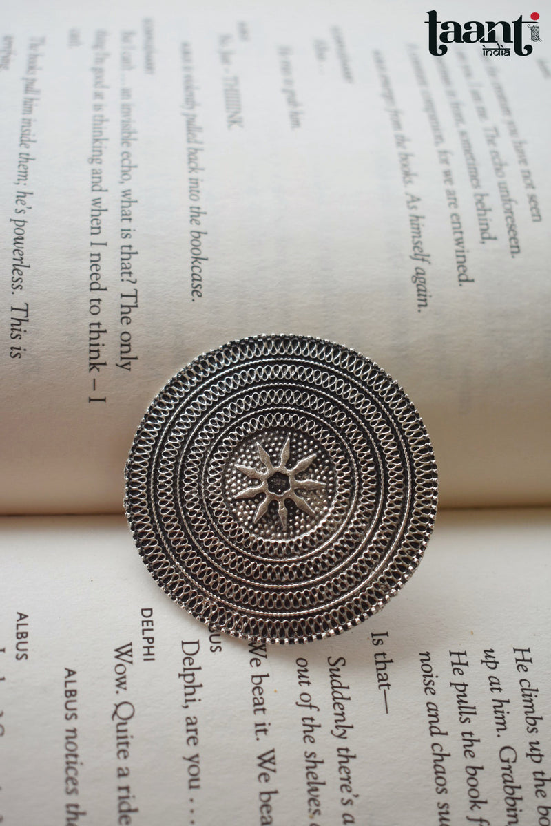 Black Polish German Silver Geometric Design Embossed Ring