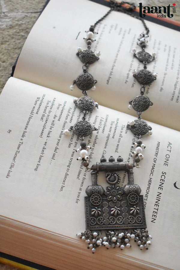 Antique Finish German Silver Floral Embossed Necklace
