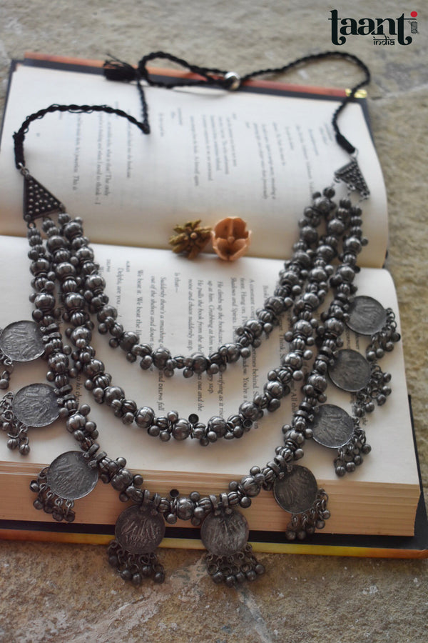 Black Polish German Silver Three Layer  Necklace with Ghungroo and Coins