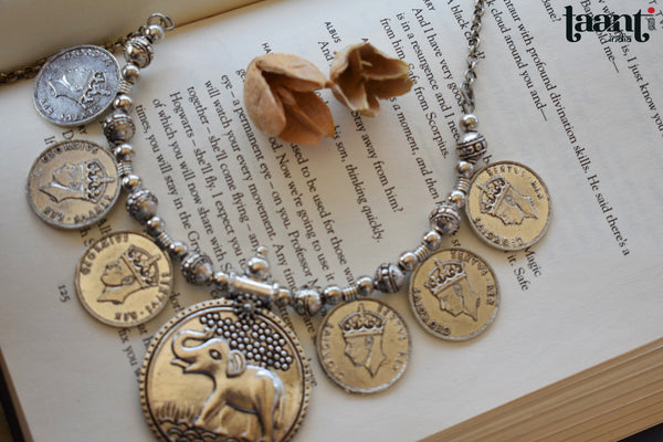 German Silver Floral Elephant and Queen Embossed Necklace
