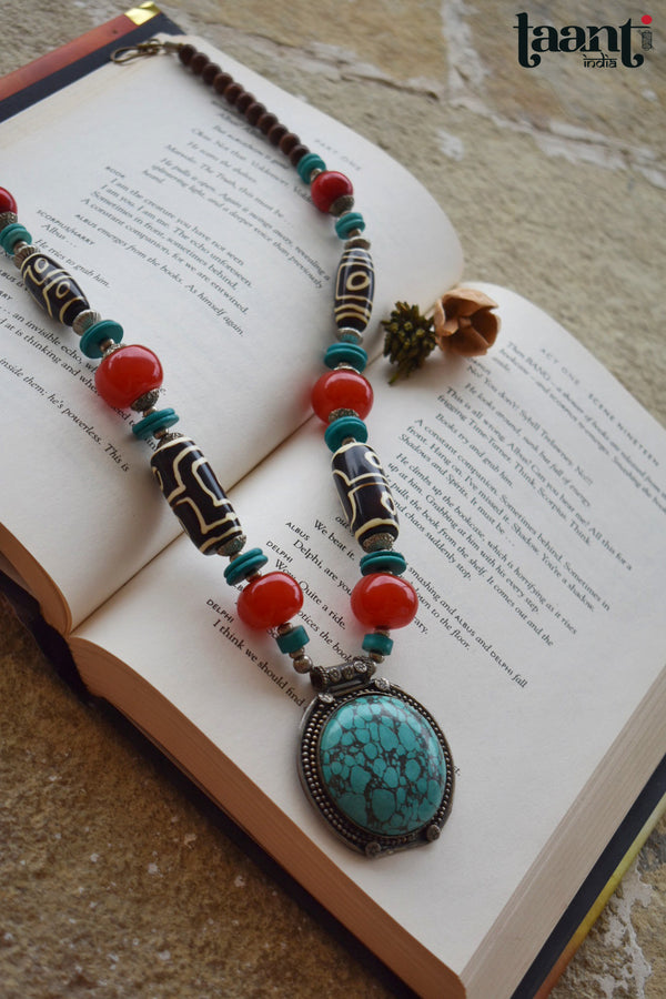 Vintage Colorful Chemical Beaded Statement Blue  Locket Necklace