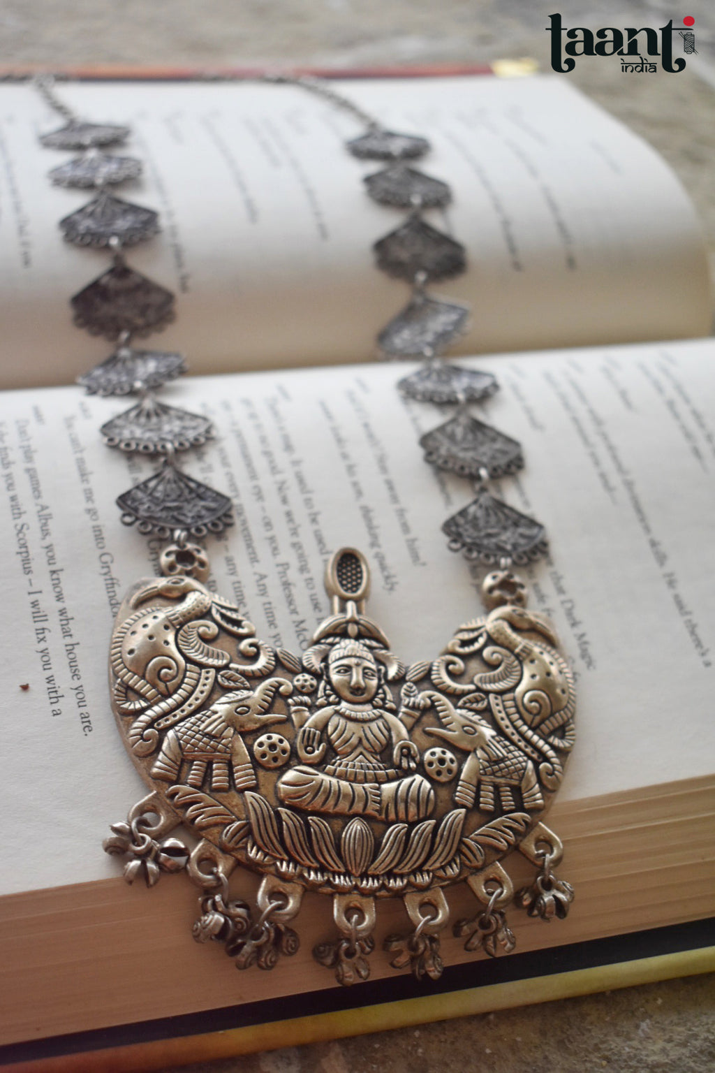 Antique Finish German Silver Lakshmi Pendant Temple Necklace Taanti India