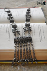 Antique Finish German Silver Floral Embossed Necklace with Jhumkas