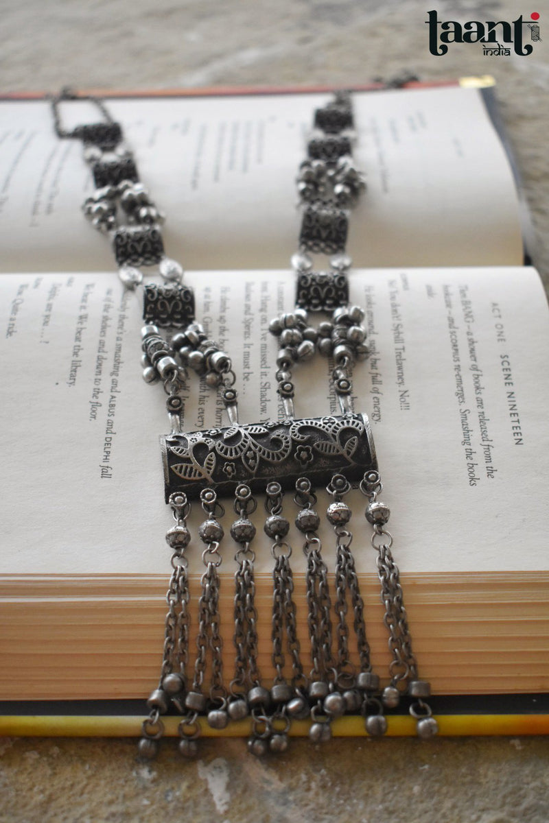 Antique Finish German Silver Floral Embossed Necklace with Jhumkas