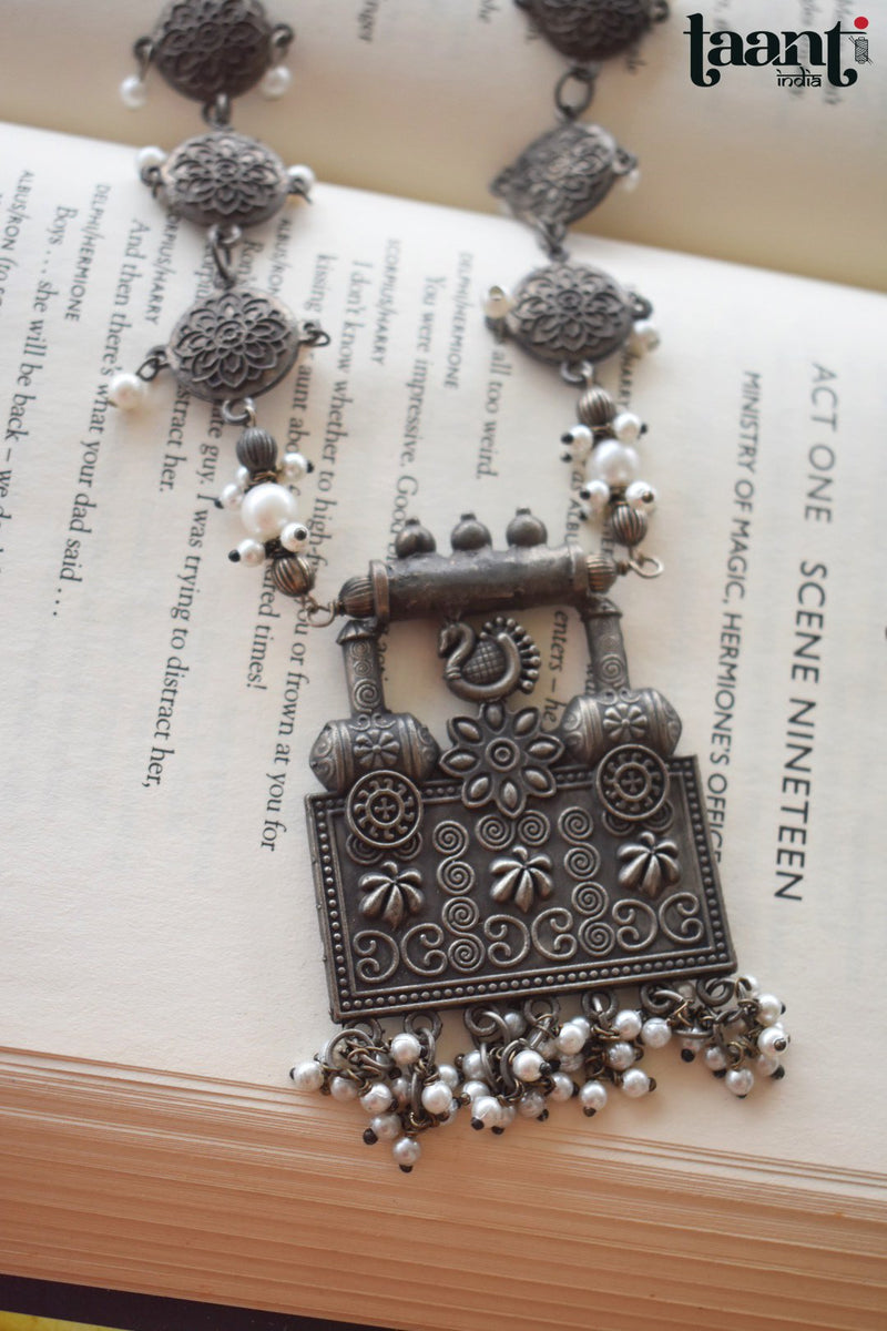 Antique Finish German Silver Floral Embossed Necklace