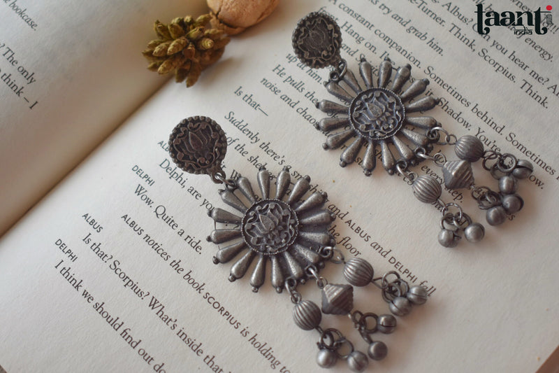 Black Polish German Silver lotus Embossed Long Earring