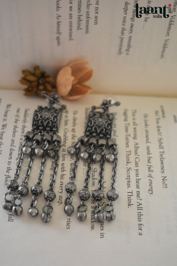 Black Polish German Silver Floral Embossed Long Earring