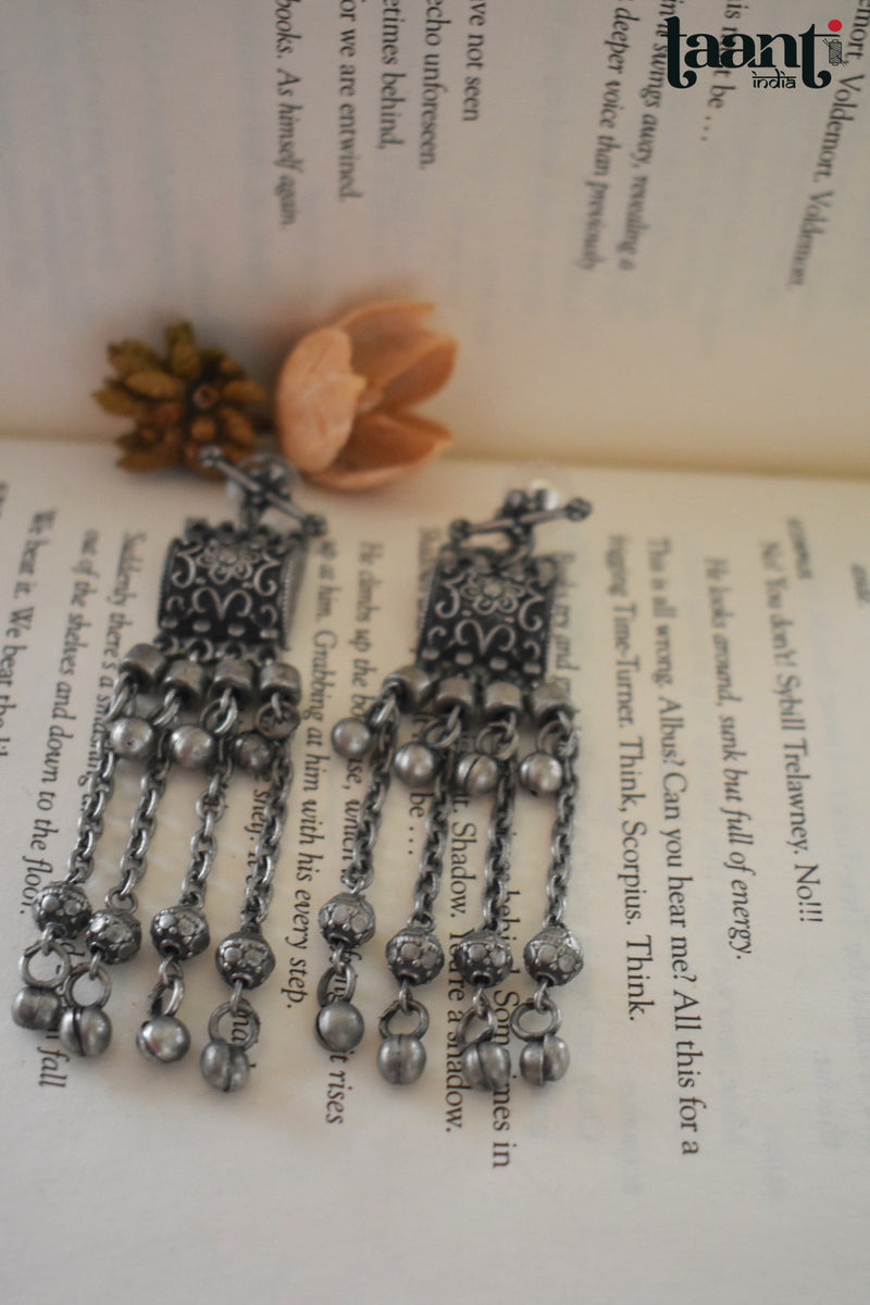 Black Polish German Silver Floral Embossed Long Earring