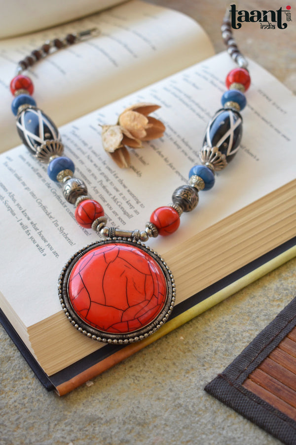 Vintage Colorful Chemical Beaded  statement Red Locket Neckplace