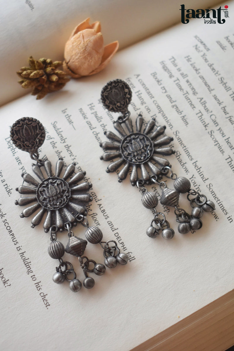 Black Polish German Silver lotus Embossed Long Earring