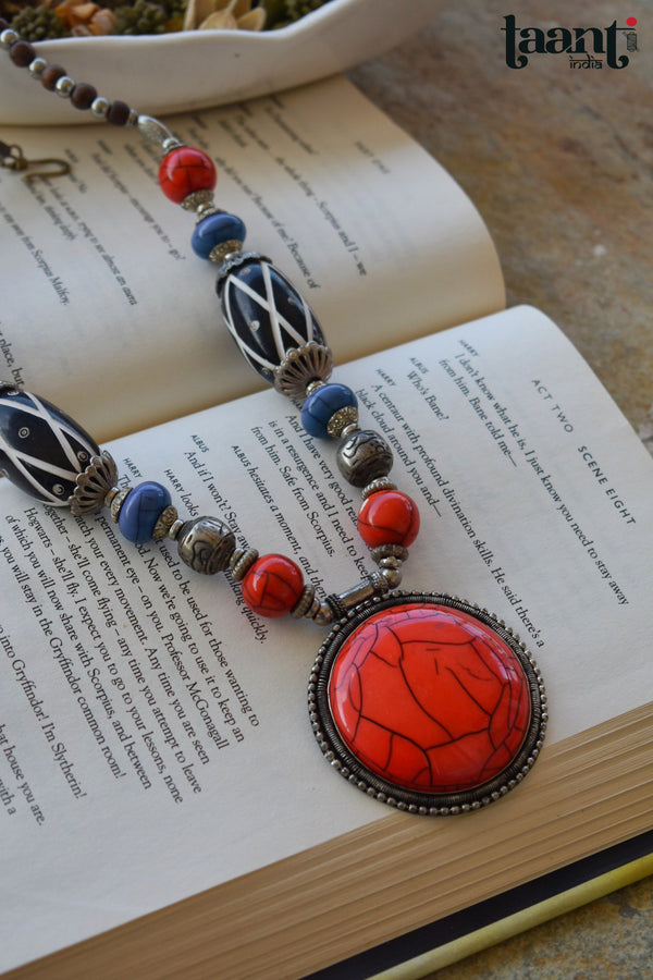 Vintage Colorful Chemical Beaded  statement Red Locket Neckplace