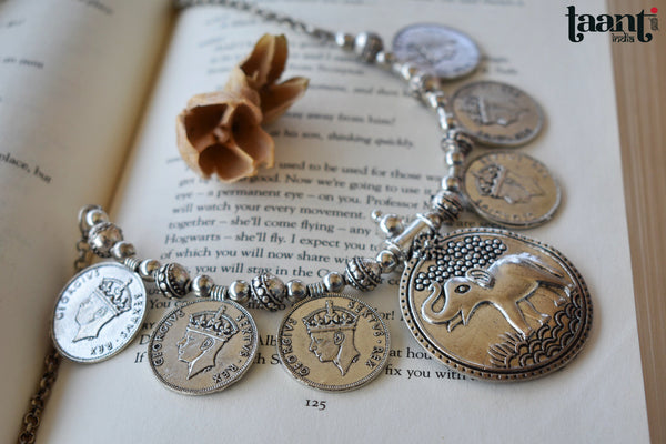 German Silver Floral Elephant and Queen Embossed Necklace