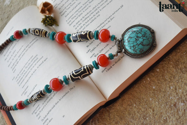 Vintage Colorful Chemical Beaded Statement Blue  Locket Necklace