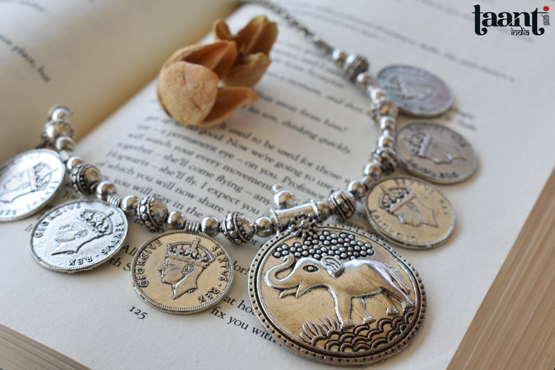 German Silver Floral Elephant and Queen Embossed Necklace